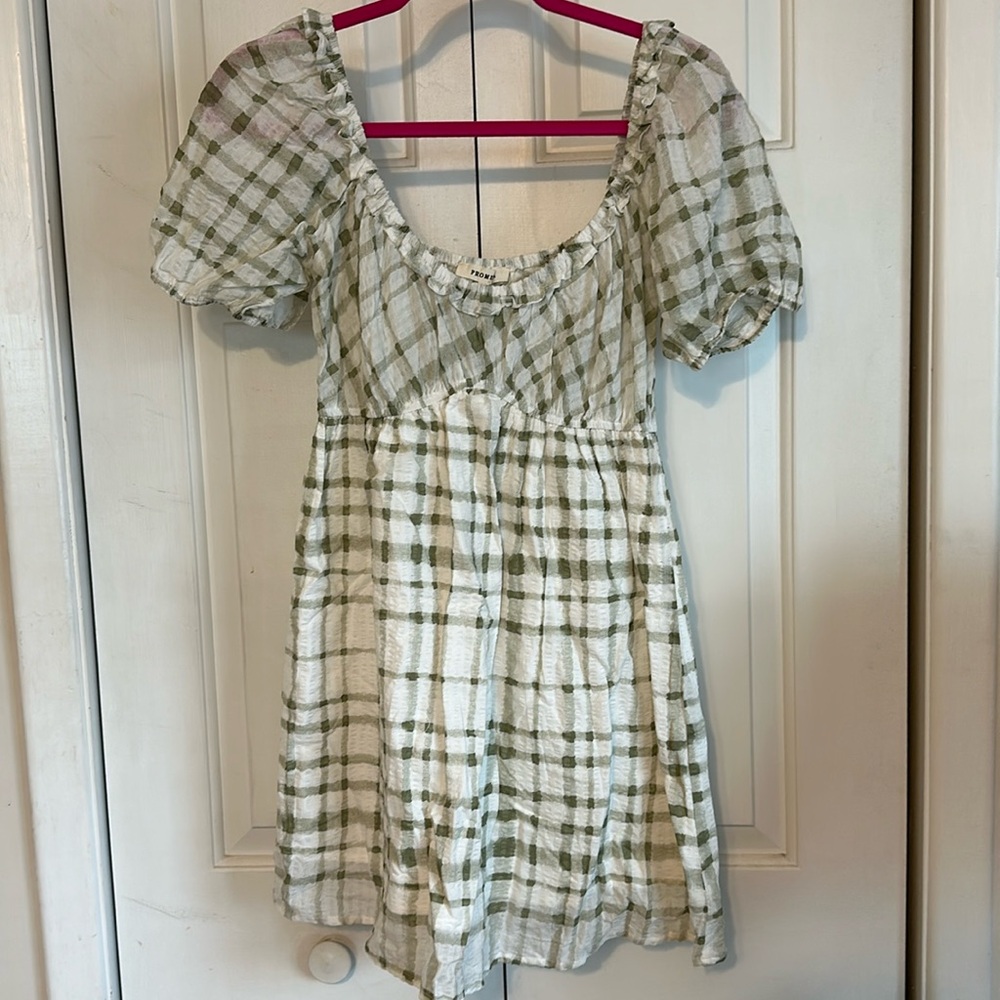 Green and White Plaid Babydoll Dress M